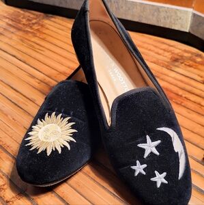 Stubbs & Wootton Black Velvet Loafers with Gold Sun and White Moon